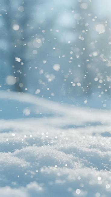 一张具有梦幻柔和风格的雪景背景素材，整体以浅蓝色和白色为主色调，画面呈现出高度的模糊和虚化效果，营造出宁静、空灵的氛围。底部是铺满细小白色雪花的地面，雪花闪烁着微弱的光芒，向上逐渐过渡到布满大小不一、形态模糊的白色光斑和雪花的背景，仿佛置身于漫天飞雪的朦胧场景中，光线柔和均匀，没有明显的光源方向，整体给人一种纯净、梦幻且略带神秘感的视觉感受，适合作为各类设计作品的背景使用。预览效果
