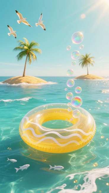 俯视角构图，巨大的半透明黄色充气游泳圈漂浮在渐变蓝绿色海面上，游泳圈表面有海浪形状的白色波纹图案，右侧一串大小不一的透明水泡正缓缓上升，每个水泡内都折射着细碎的彩虹光斑。远处两座被阳光勾勒出金色轮廓的小岛各矗立着一棵随风摇曳的棕榈树，树冠的绿色与天空的薄荷蓝形成柔和过渡。三只海鸥以三角形轨迹掠过画面左上角，翅膀边缘泛着阳光的金边。海面上点缀着不规则的白色浪花和金色光斑，底部海水呈现出由浅至深的……预览效果