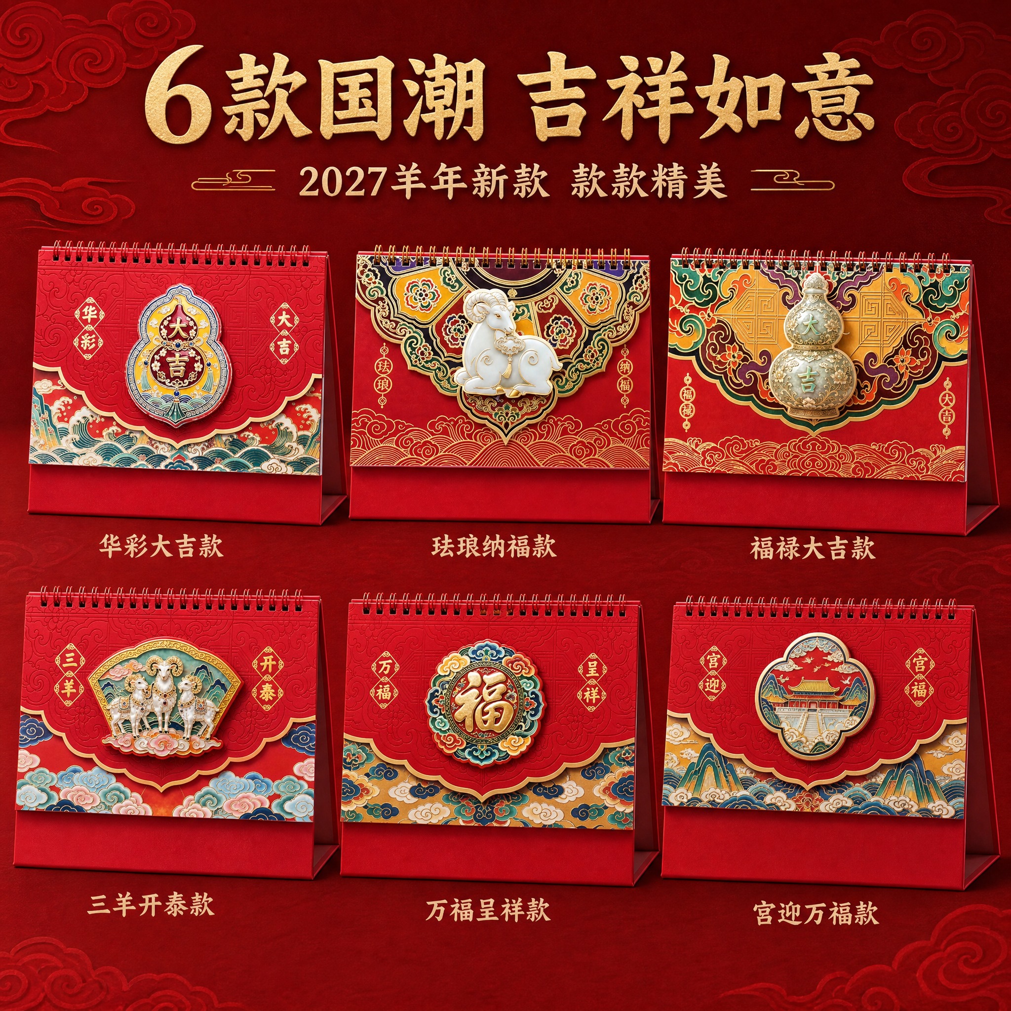 [主图2-多款式] 2027羊年国潮台历 珐琅彩立体浮雕桌面日… - 图片创意预览