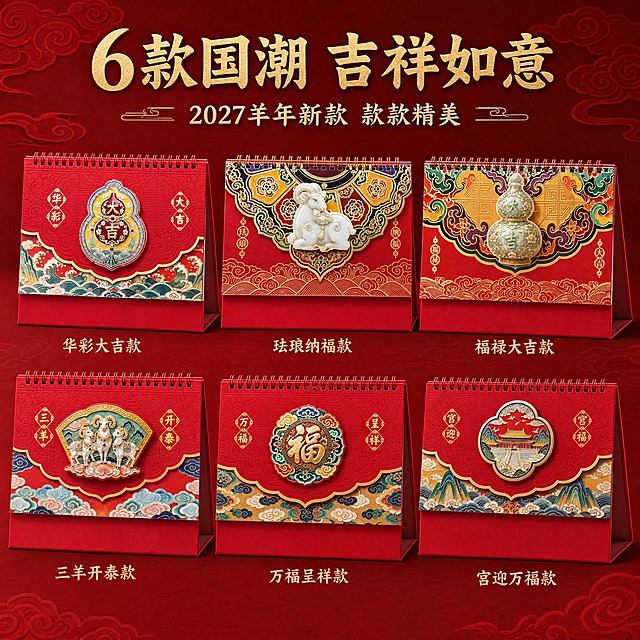 [主图2-多款式] 2027羊年国潮台历 珐琅彩立体浮雕桌面日历 6款款式展示，规格255*190mm。
[统一基调] 国潮新中式风格，正红色主色调，珐琅彩多彩配色，金色描边，高端喜庆，立体浮雕质感。
[画面] 画面展示6款不同图案的台历款式，以2行3列宫格形式整齐排列，每款台历都展示正面主视觉，微微立体倾斜角度。6款分别为：华彩大吉款（葫芦大吉）、珐琅纳福款（玉羊珐琅）、福禄大吉款（玉葫芦大吉）、三羊开泰款（三只羊扇形）、万福呈祥款（圆形福字祥云）、宫迎万福款（宫殿山水）。每款下方标注对应款式名称。宫格占画面约75%，排列整齐间距均匀。背景为深红色带国潮祥云暗纹。
[光影质感] 商业摄影质感，每款台历统一光照，珐琅彩立体凸起感一致，金色描边光泽统一，整体平整清晰，宫格有轻微立体感。
[配色] 主色正红+金色，珐琅彩多彩，背景深红祥云暗纹。
[文字版式] 画面顶部主标题："6款国潮 吉祥如意"，金色粗体大字；下方小字："2027羊年新款 款款精美"。每款下方标注款式名，白色或金色小字。
[输出要求] 1:1正方形比例，6款台历清晰可辨，款式名称准确。负向：变形、错字、模糊、款式混乱、水印。