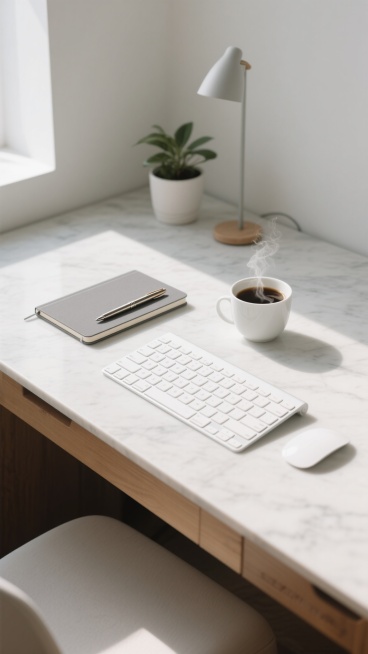 极简主义风格的桌面俯视图，柔和自然光从左上方斜射，营造出明亮干净的氛围，桌面上摆放着不同配色的简约办公用品，包括白色键盘、灰色笔记本、金属色钢笔和一杯冒着热气的咖啡，场景可替换为木质书桌或大理石台面，增加绿植盆栽、简约台灯等不同摆设，整体色调保持清新淡雅，构图采用三分法留白设计，突出物品的质感和空间层次感，适合作为桌面背景使用。预览效果