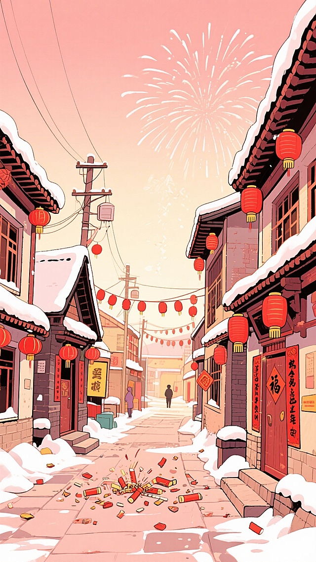 二次元卡通，东北，街道城镇，氛围欢乐、过年，浅红色、浅黄色，不要人物，细节丰富，9:16，生成二张