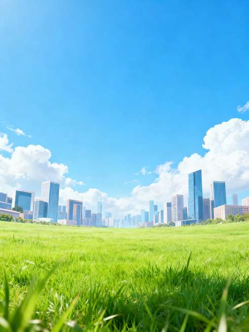 清新活跃风格的歌唱比赛海报底图，画面下方四分之一是绿色草地，远处是现代城市建筑，上方是蓝天白云，整体氛围青春活力，适合做歌唱活动宣传背景预览效果