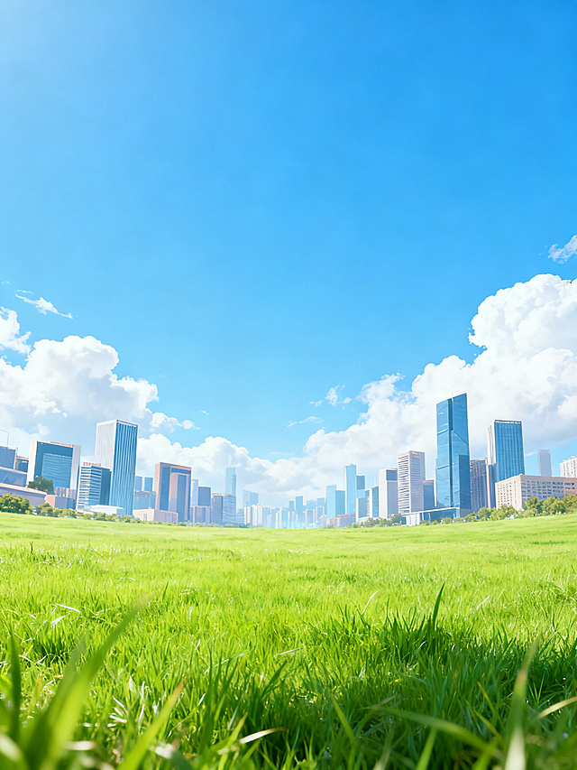 清新活跃风格的歌唱比赛海报底图，画面下方四分之一是绿色草地，远处是现代城市建筑，上方是蓝天白云，整体氛围青春活力，适合做歌唱活动宣传背景