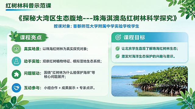 PPT内页设计，16:9横版，红树林湿地主题，深绿色和海洋蓝为主色调，与前页风格一致。左上角标题"红树林科普示范课"，深绿色粗体大字，标题下方有蓝色渐变装饰线。页面上方居中位置是课程名称：《探秘大湾区生态腹地---珠海淇澳岛红树林科学探究》，用书名号包裹，字体较大，深绿色，醒目突出。课程名称下方是授课对象："授课对象：首都师范大学附属中学实验学校学生"，蓝色小字。页面中间偏左是课程亮点板块，标题"课程亮点"深绿色粗体，下面四个带图标的亮点项目，每个图标和文字横向排列：🌿真实场景：以珠海红树林为真实探究对象；🔬动手实验：观察红树植物特征、模拟湿地生态系统；🧩问题驱动：围绕"红树林为什么能保护海岸"等核心问题展开；🤝互动参与：小组合作 + 成果展示 + 专家点评。页面右侧或右下部分是课程目标板块，有一个浅绿或蓝色渐变的圆角背景框，标题"课程目标"白色粗体，下面两条目标：让北京学生直观了解珠海红树林生态；激发对海洋生态保护的兴趣与意识。页面右下角可以配一张小的红树林实景照片或学生做实验的场景图圆角矩形作为点缀。整体排版美观，信息层次分明，专业教育风格。背景为淡绿色渐变，角落有红树林叶片装饰元素。