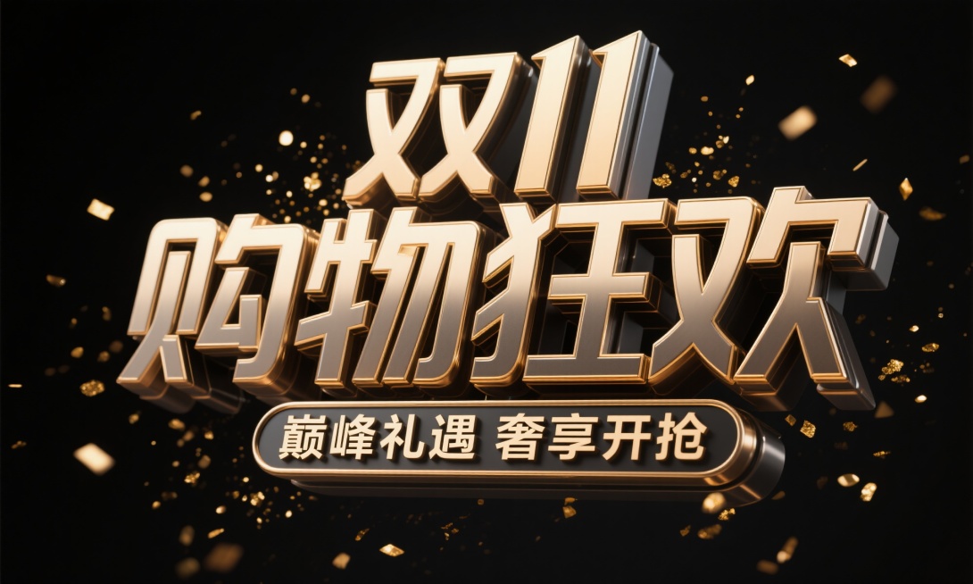 3D立体字设计，主标题“双11购物狂欢”，副标题“巅峰礼遇奢享开抢”，字体厚重立体结构，深金属质感字面，香槟金描边，局部镜面反光，营造高端奢华氛围。字周围漂浮细碎金粉和粒子光点，整体构图居中对称，背景预览效果