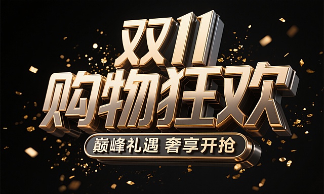 3D立体字设计，主标题“双11购物狂欢”，副标题“巅峰礼遇奢享开抢”，字体厚重立体结构，深金属质感字面，香槟金描边，局部镜面反光，营造高端奢华氛围。字周围漂浮细碎金粉和粒子光点，整体构图居中对称，背景为纯黑色，画面干净现代，充满节日活力与高级质感。