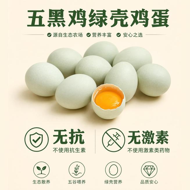 [主图-4] 营养成分与卖点剖析图；[氛围风格] 干净清晰，专业可信；[画质] 商业摄影质感，画面干净清晰，信息直观；[元素] 中心区域整齐摆放多颗绿壳鸡蛋，下方使用图形化方式展示核心卖点：大字体展示预览效果