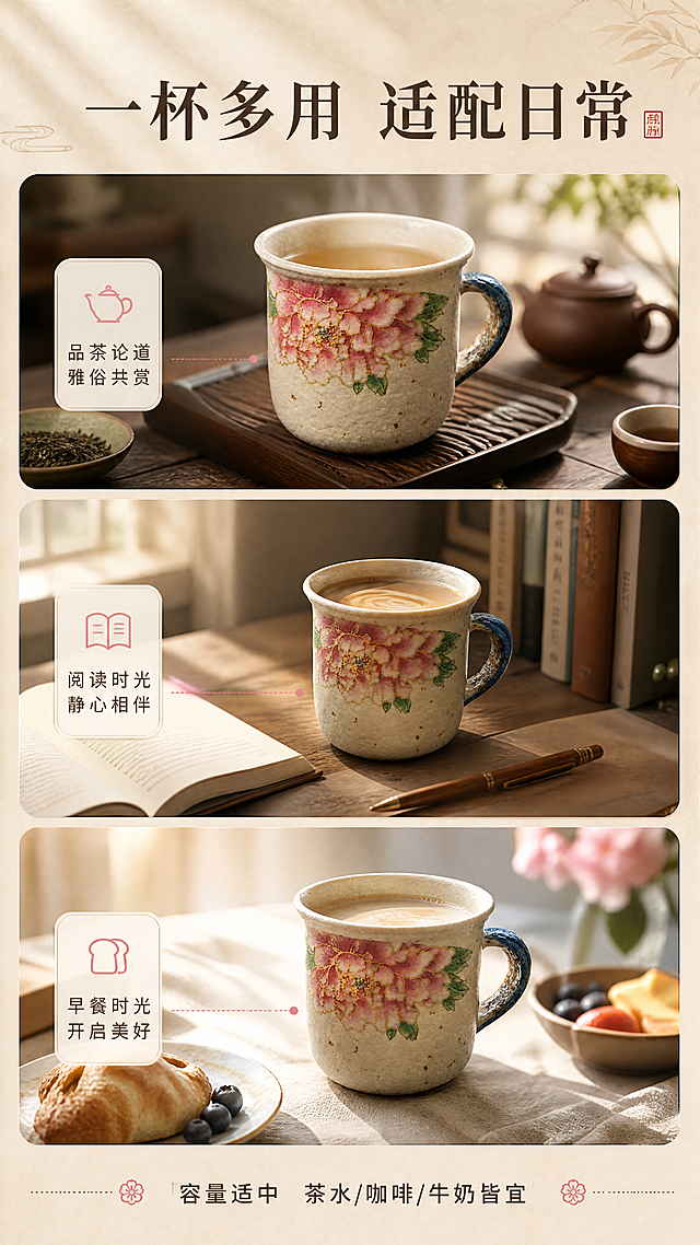 [商品] 使用【图1】花开富贵手绘粗陶马克杯；保留杯身米白粗陶质地、粉色牡丹釉下彩描金花纹、蓝色窑变把手、整体比例和材质质感；杯中可加入茶水/咖啡增加真实感。
[画面] 目标：使用场景页，展示马克杯在日常多场景中的使用氛围。构图：三格场景拼贴，上下布局。主体位置：三格分别展示不同场景。景别：中景。阅读动线：从上至下。前中后景：每格为独立生活场景，产品融入环境。场景：上格=中式茶席品茶场景，中格=书房阅读配咖啡场景，下格=早餐桌配点心场景。
[视觉] 套系策略：风格=中式复古禅意风商业摄影；标题字=宋体衬线粗体；正文字=简洁无衬线黑体；主色=米白暖杏色；背景延展=基于米白暖杏做深浅层级、同色渐变和细腻宣纸/粗陶质感；强调色=牡丹花粉红色，仅用于小面积图标、引线和标签；标题色=深炭灰褐；正文色=中暖灰；组件=圆角浅底信息卡、细线引线、中式印章元素；光影=暖自然光，每个场景有自然光源方向。
[文字] 顶部主标题「一杯多用 适配日常」，三格场景各配短标签：上格「品茶论道 雅俗共赏」、中格「阅读时光 静心相伴」、下格「早餐时光 开启美好」。底部加一句「容量适中 茶水/咖啡/牛奶皆宜」。
[规格] 图片比例9:16竖版，4K分辨率，负向提示：避免变形、错字、文字过小、冷蓝背景、产品颜色改变、场景杂乱。