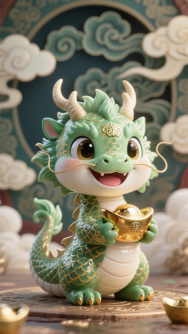 国风Q版小龙吉祥物，3D卡通风格，头大身小，头顶有小犄角，绿色鳞片带金色纹路，抱着一颗元宝，眼神笑眯眯，C4D 渲染有反光，像精致的陶瓷摆件，背景是祥云纹样