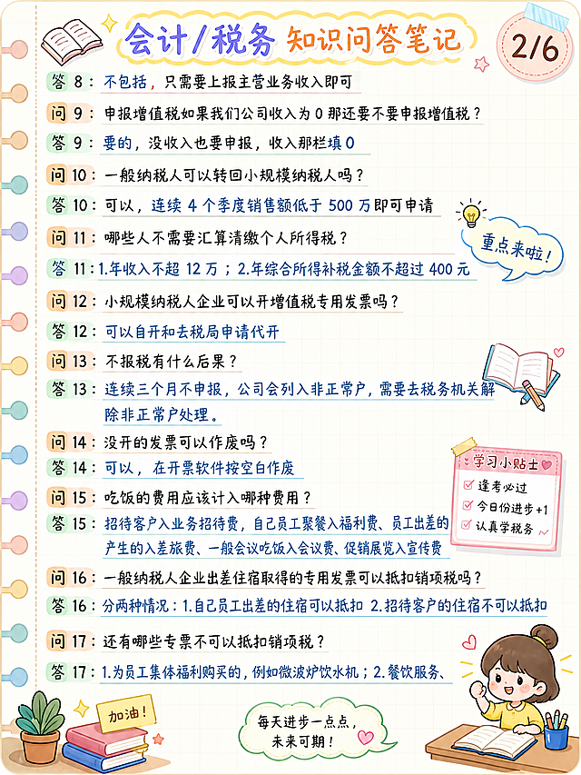 将原图转换为3:4竖版彩色手绘学霸笔记风格，保持原有的所有文字内容且文字不能出错，采用清新柔和配色，标题醒目，表格与分点排版整齐，搭配可爱卡通小图标、重点标注框和提示气泡，字迹工整清晰，重点内容用彩色标注，页面干净无水印，学习笔记氛围感强，画质细腻，放大文字依然锐利可读，添加一些励志上进的文字，保持原会计知识笔记的主题