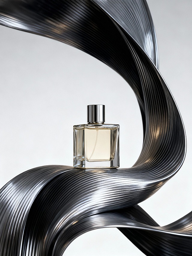 主体置于画面视觉中心（主体占画面比为30%），中心聚焦构图，主体位于画面视觉核心区域。错落式动态构图。画面以银灰、雅黑、浅金为核心配色，色调呈现高级冷感光泽质感；采用平视微侧拍摄视角。流线型结构的曲面形态贴合主体底部，其金属质感纹理与主体的材质光泽形成视觉呼应，背景的浅灰渐变突出主体与结构的细腻光影层次。