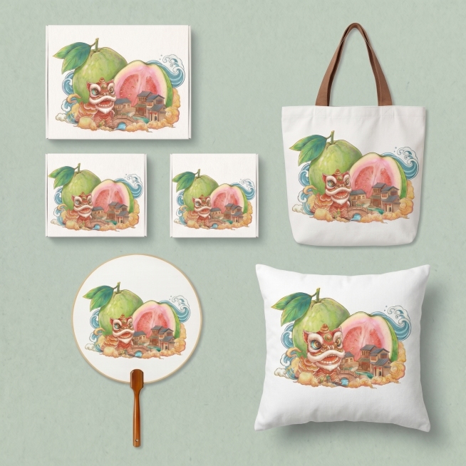 将四张产品图合成一张整齐展示的设计图，浅灰绿色统一背景，整齐排列盒子、帆布包、团扇和抱枕四个产品，保留每个产品上的番石榴醒狮本土建筑国潮图案预览效果