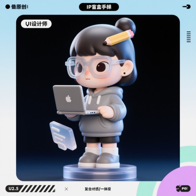 潮流IP形象，女生UI设计师，头身比1:2.5的Q版人物，戴半透明眼镜，丸子头别着像素画笔发夹，手持笔记本电脑，身穿灰色卫衣，身边悬浮毛玻璃质感UI组件，潮玩插画风，细节丰富，3D插画风格，深色背景，预览效果