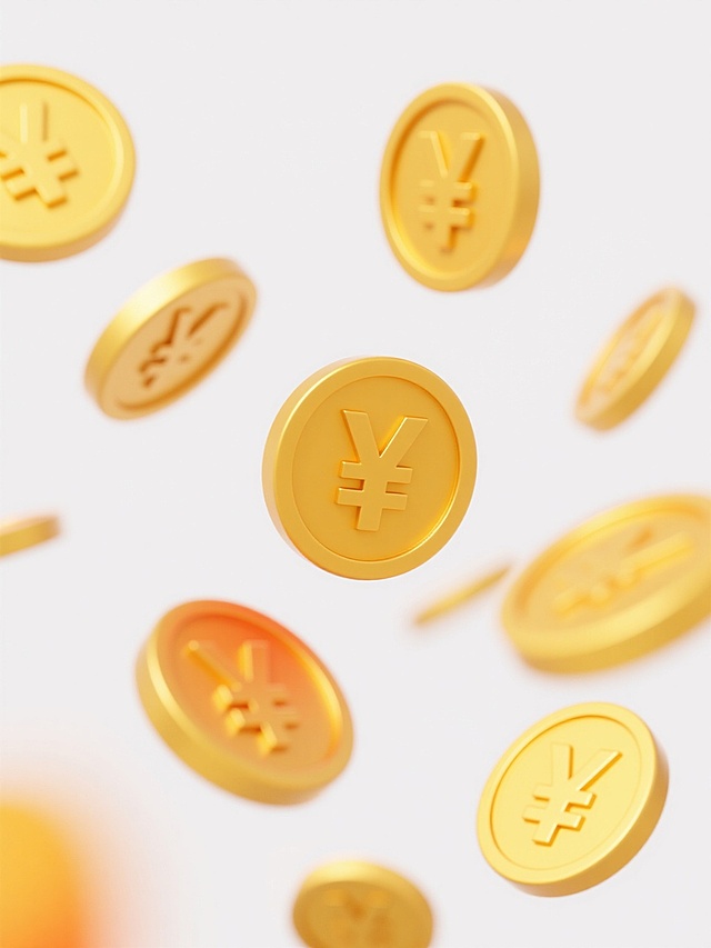 白色干净背景占比70%的画面中，多枚带有日元符号的金色硬币呈动态悬浮与散落状态，硬币具有圆润的边缘、光滑的金属质感和鲜明的黄色与橙色渐变，部分硬币带有轻微的运动模糊轨迹，整体构图简洁明快，突出金钱元素的悬浮感与空间留白的平衡。