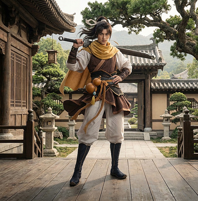 「图片1」「图片1」把这张图变成真人摄像风格的，加上古代背景