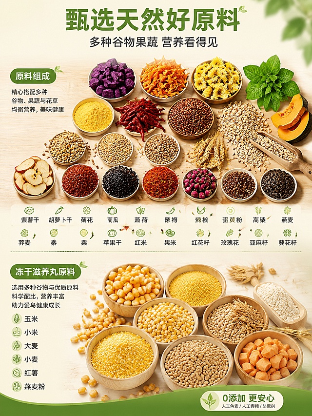 [第3屏] 原料成分展示页-萌小伴鹦鹉粮原料与冻干滋养丸成分解析。本屏使用【图2】背面包装作为信息参考，提取原料组成文字内容。
[氛围/风格] 天然健康食材风，清新自然，商业美食摄影质感，突出原料真实感。
[元素布局] 画面上半部分为原料大集合展示：紫薯干、胡萝卜干、菊花、南瓜、薄荷、辣椒、蛋黄粉、高粱、燕麦、荞麦、黍、粟、苹果干、红米、黑米、红花籽、玫瑰花、亚麻籽、葵花籽等，散落在浅色木质背景上，色彩丰富；中间分隔线；下半部分为冻干滋养丸原料展示：玉米、小米、大麦、小麦、红薯、燕麦粉等谷物颗粒特写；左右两侧或底部配有原料分类标题和说明文字；背景为浅米色+浅绿渐变，自然清新。
[光影质感] 顶部柔光均匀照射，食材表面有自然光泽，底部轻微投影，整体明亮通透，色彩鲜艳真实。
[配色色系] 全局底色 #FFF8E7 浅米黄；主色 #4CAF50 自然绿；辅助色 #FF9800 橙黄、#8B4513 棕色、白色卡片底。
[视角构图] 俯视平铺角度，原料铺满画面中上部，阅读动线从上到下，分区清晰。
[文字版式] 顶部主标题「甄选天然好原料」，副标题「多种谷物果蔬 营养看得见」；上半区标题「原料组成」，下方列出主要原料名称；下半区标题「冻干滋养丸原料」，下方列出主要成分；文字采用圆润黑体，原料名用图标+文字形式排列，清晰易读；右下角小图标标注「0添加 更安心」。
[比例分辨率] 3:4 竖版比例，4K 分辨率，文字清晰可辨，高清画质。
[负向提示词] 文字错乱，文字过小，食材变形，颜色偏差，水印，背景杂乱，画质模糊。