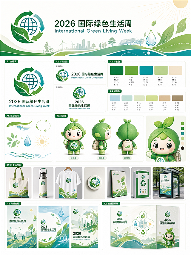 2026国际绿色生活周环保主题视觉设计展板，尺寸90cm×120cm，包含原创标志设计，标准字仅包含中文"2026 国际绿色生活周"和英文"International Green Living Week"，搭配标准色、辅助色、辅助图形、标志组合，展示IP形象正面、侧面、背面多角度视图，增加多个环保主题衍生产品应用和宣传海报展示，包含三折页版式设计，整体围绕绿色环境环保理念，排版清晰，色彩模式CMYK，300dpi，JPG格式