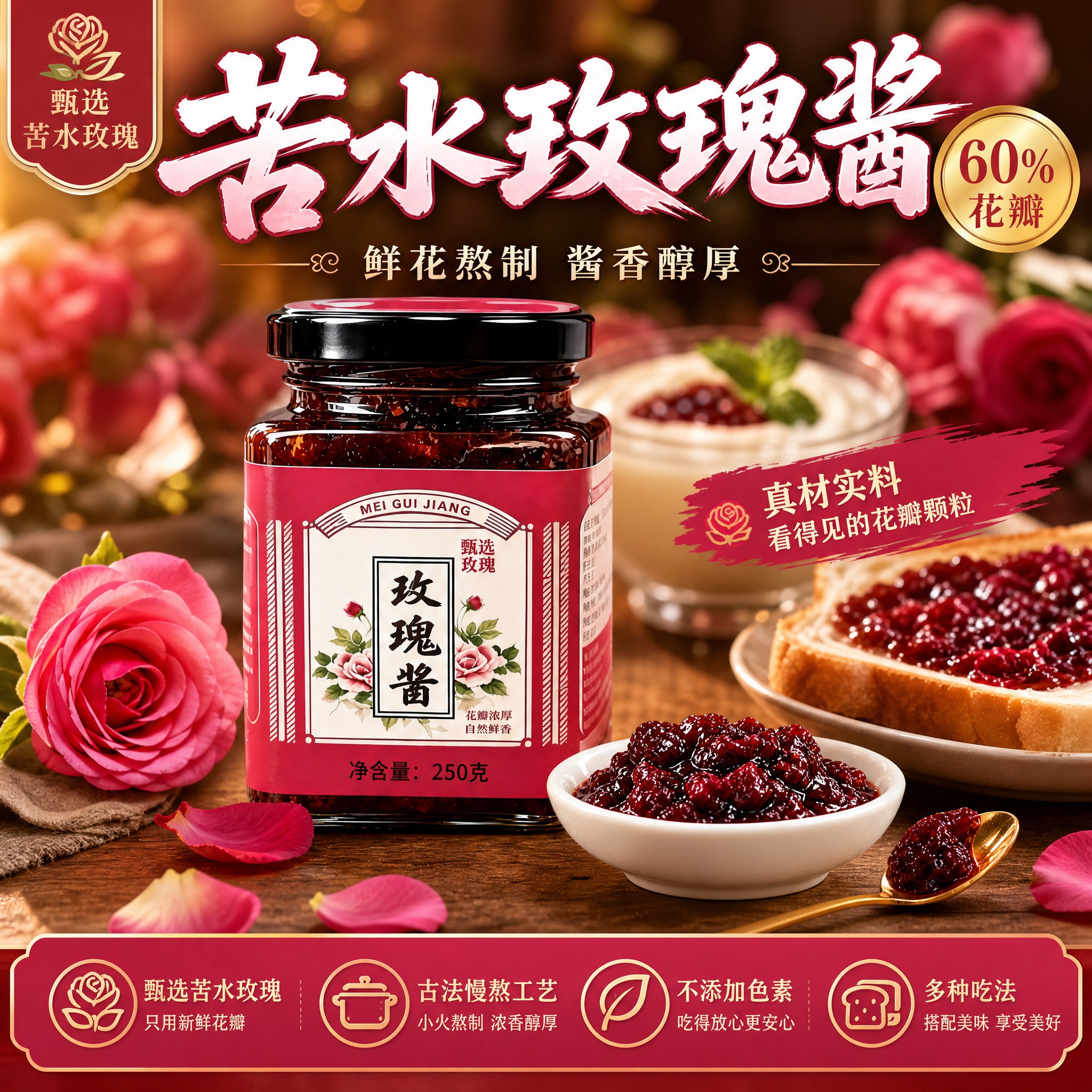 [单张主图] 苦水玫瑰酱250g玻璃瓶装，爆款促销感主图路线，… - 图片创意预览
