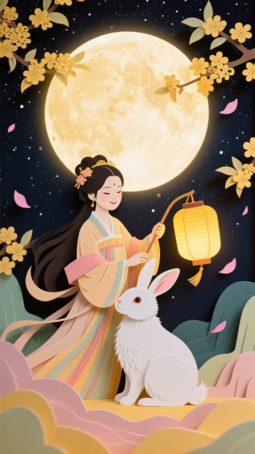 画面中心为手持灯笼的古装少女与玉兔，背景是巨大满月，四周点缀桂花枝与飘落花瓣，整体营造梦幻、温馨、喜庆氛围，视觉焦点在前景人物与玉兔，中景为发光满月，背景为深邃星空。预览效果