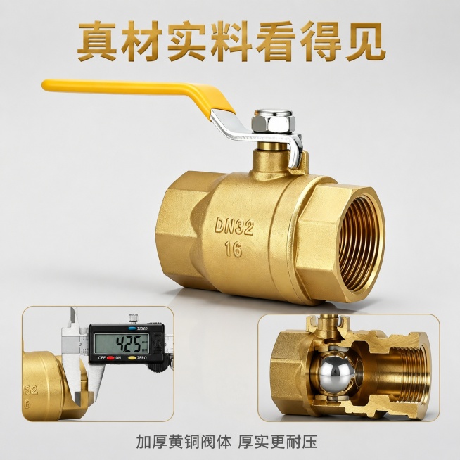 [主图-3] 加厚黄铜燃气球阀材质细节证明图
[氛围风格]真实可信专业材质展示，简洁工业风
[画质]商业摄影质感、光线通透清晰、产品细节真实、画面干净高级
[元素]主画面展示完整球阀保持与原图一致的外预览效果