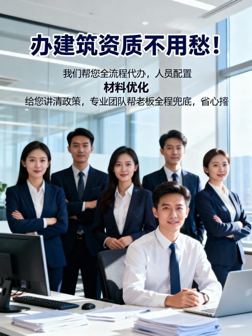 文案：办建筑资质不用愁！ 我们帮您全流程代办， 人员配置 材料优化 给您讲清政策， 专业团队帮老板全程兜底， 省心拿证接大项目。生成3：4比例的图片预览效果