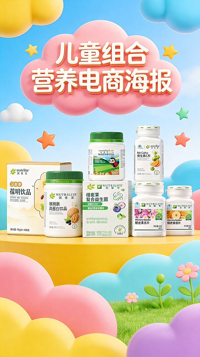 将五个纽崔莱保健品产品制作成儿童组合营养保健品电商海报，背景采用活泼明亮的儿童健康风格，突出产品，视觉醒目，保持产品原包装比例和文字信息不变，风格清新活泼吸引宝妈群体