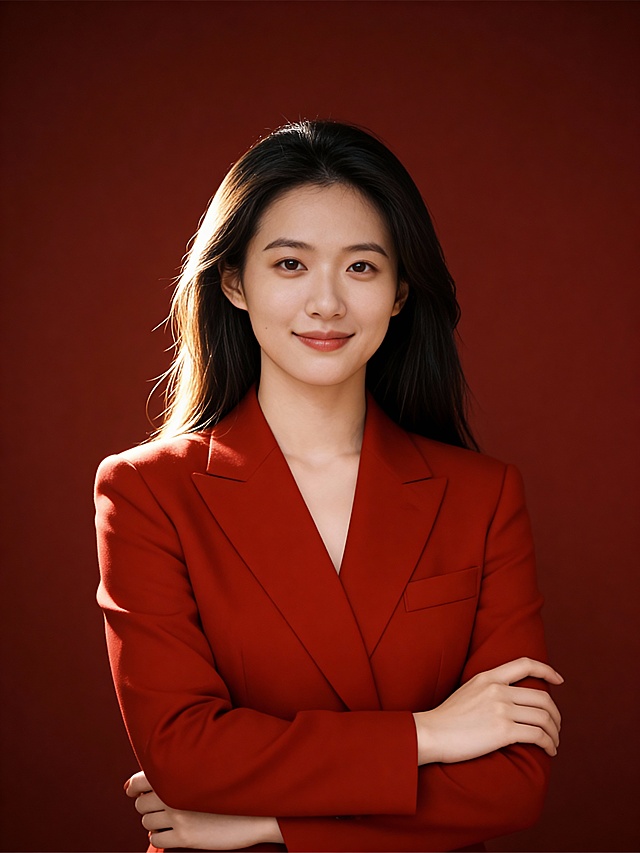 红色西装新年抱胸形象照