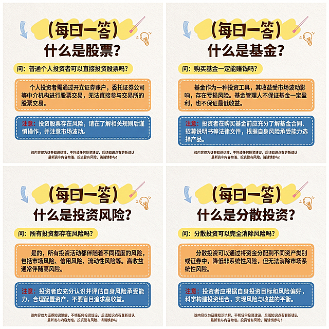 参考原海报的风格和排版结构，生成4张不同的通用投教每日一答海报，比例为1:1，去掉左上角的品牌logo，去掉画面中的两个卡通IP吉祥物，保留原有的每日一答版式布局和浅米色质感背景、文字色块设计，生成不同的投教问题和回答内容。第1张主题为"什么是股票？"，问题：普通个人投资者可以直接投资股票吗？回答：个人投资者需通过开立证券账户，委托证券公司等中介机构进行股票交易，无法直接参与交易所的股票交易