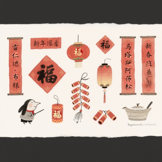 一张白纸上整齐画着新年用品，包括福字贴，春联，鞭炮，红灯笼预览效果