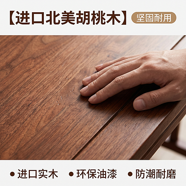 [主图 3] 材质与工艺细节特写，新中式实木书法桌信任图。
[氛围风格] 中式古典文化氛围感，专业品质展示，真实质感；
[画质] 商业摄影质感、光线柔和通透、产品清晰真实、画面干净高级。
[元素] 全屏放大展示书法桌实木桌面木纹纹理，保持产品材质质感与红棕木色和输入产品图绝对一致，杜绝任何变形和色差，精细化处理。加入一只手触摸桌面，突出木纹凹凸真实质感。整体画面聚焦材质，主体清晰。画面满屏无边框。
[光影] 柔和侧光突出木纹凹凸肌理，明暗对比清晰，真实展现木材天然纹理。
[配色] 主色调红棕实木原色，自然温润质感。
[视角构图] 微距特写，聚焦桌面材质，景深较浅，背景虚化。
[文字版式] 顶部主标题“【进口北美胡桃木】”深棕色粗体，右侧搭配胶囊标签“坚固耐用”浅棕色底深棕色字。底部悬浮三行文字标注：进口实木 环保油漆 防潮耐磨，每行前加圆点符号，左对齐，深棕色文字清晰不遮挡主体。
[比例分辨率] 1:1 比例，2k 分辨率，文字清晰锐利，超高清。
[负向提示词] 变形，水印，文字错乱，产品图模糊，背景杂乱，牛皮癣，配色刺眼，遮挡主体。