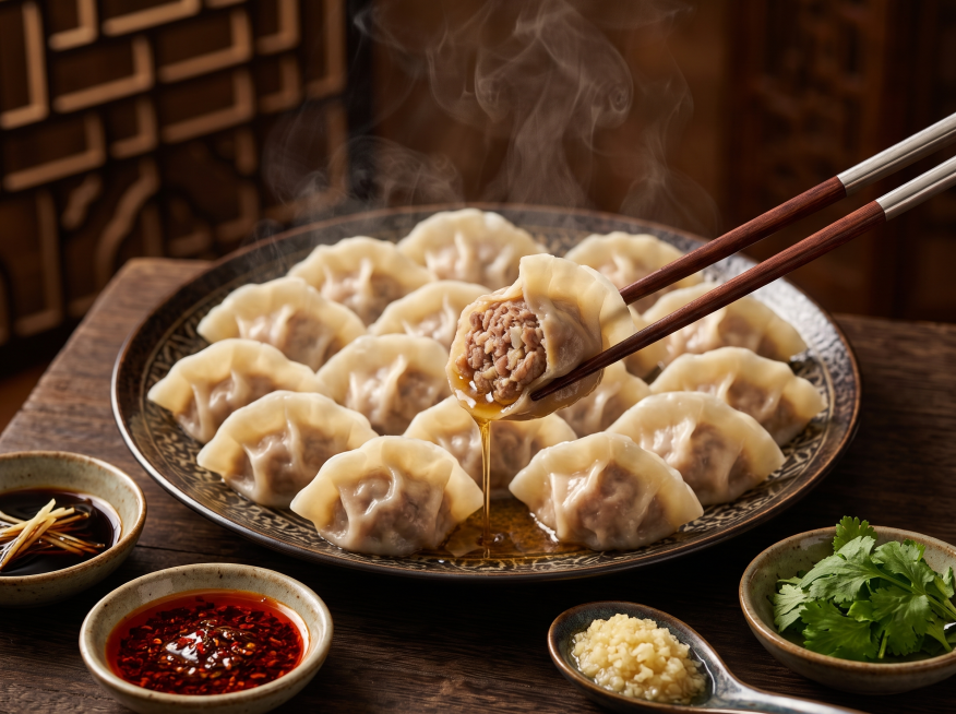 一盘刚出锅的牛肉水饺，18个手工饺子整齐摆放，饺子皮晶莹透亮，褶皱精致，夹起一个牛肉水饺轻轻掰开，露出鲜嫩多汁的牛肉馅，肉粒清晰可见，汤汁缓缓流出，热气腾腾，旁边摆放香醋、辣椒油、蒜泥、香菜点缀，深色预览效果