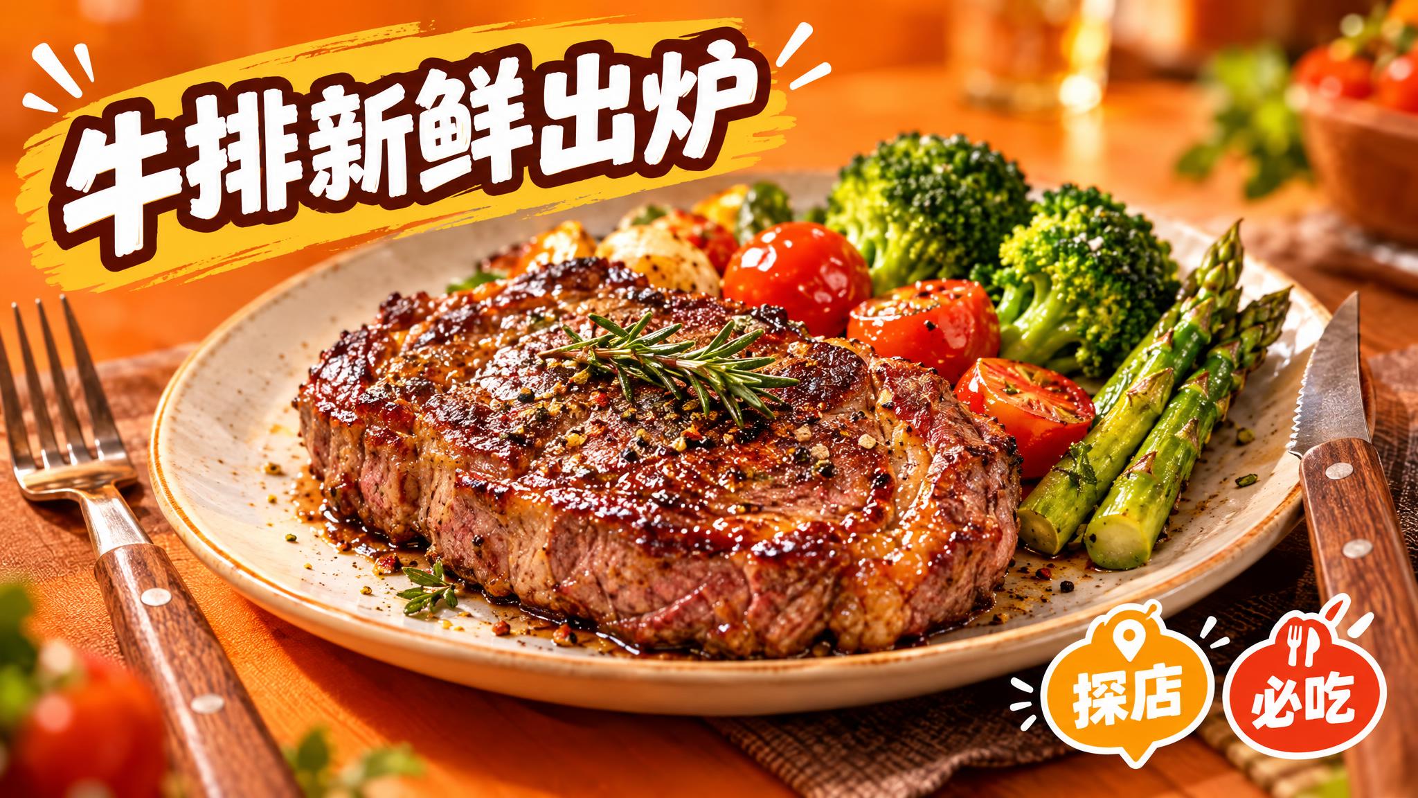 活力美食风格，暖橙色背景，画面中心是一盘色泽诱人的牛排，牛排表… - 图片创意预览