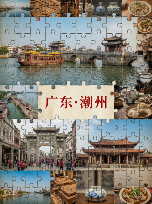 你的任务
帮我制作几份由地区的2到9张拼图出来的风景宣传照片，并在图片中心用正楷标上地点
#地点分别为
广东·潮州（以广州为例，高铁1.5h直达，冬季均温18-22℃）
云南·建水（以昆明为例，高铁1预览效果