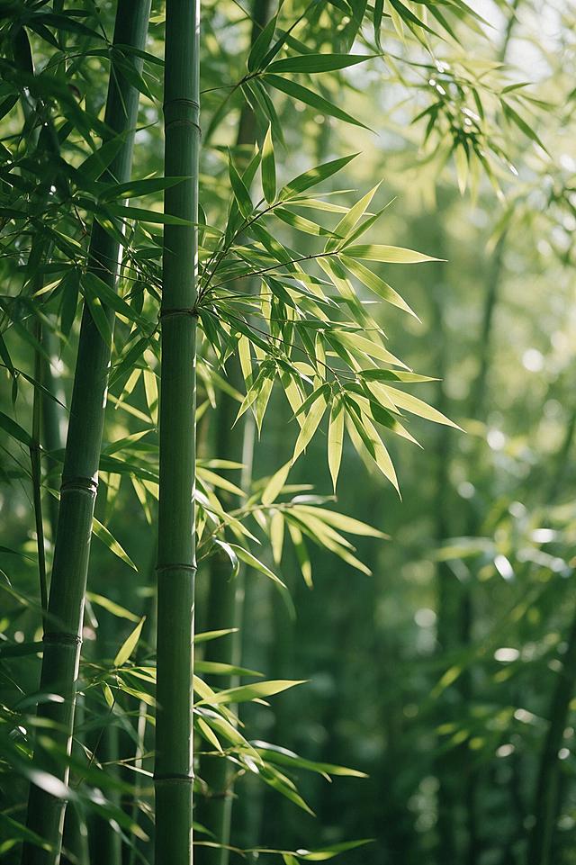参考图中的清新自然绿色植物摄影风格，将画面内容替换为竹林。特写竹林中的竹叶与竹竿，叶片修长翠绿，层次丰富，有自然的光影效果，柔和自然光，清新自然的绿色调，写实摄影风格，景深效果，画面纯净无文字，无任何文字元素