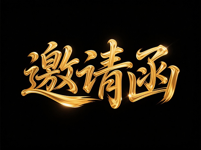 鎏金质感字体，3D立体浮雕设计，光影交错凸显奢华与体积感，重拟物风格演绎金属光泽，尽显高端邀请函的尊贵气质。