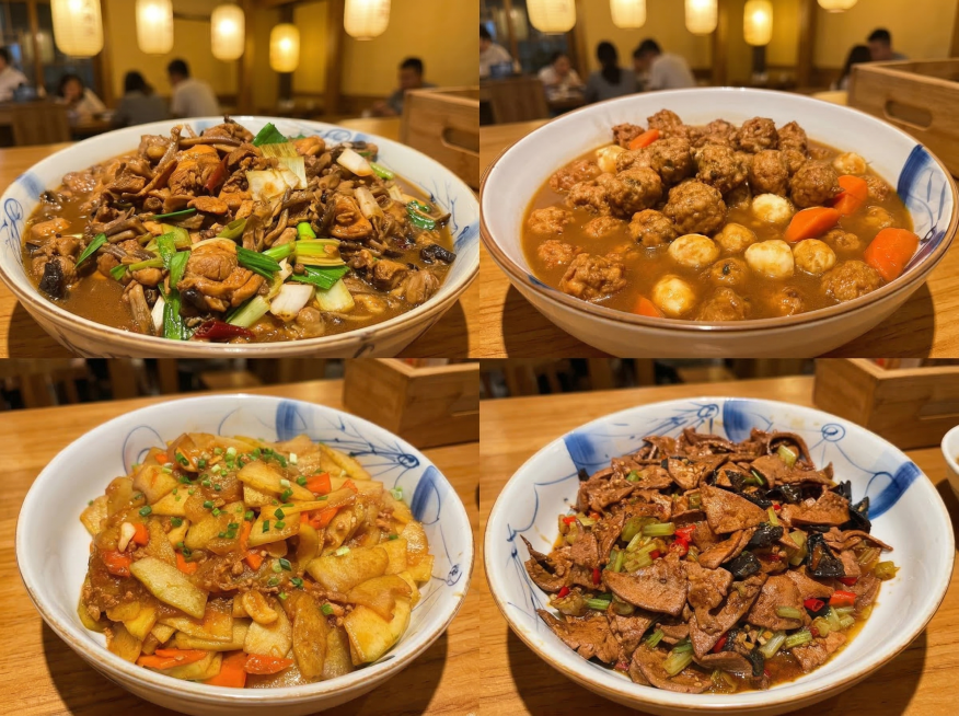 将4道中式菜品图片拼接到一起，包括：1)小鸡炖蘑菇、2)红烧丸子鹌鹑蛋、3)肉末炒土豆片、4)爆炒猪肝。采用2行2列的网格布局，保留每道菜的诱人色泽，添加暖黄色餐厅氛围背景，整体风格温暖有食欲。预览效果