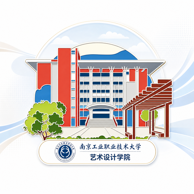将这张南京工业职业技术大学艺术设计学院的矢量插画调整为矢量插画封面风格，保持原建筑、校徽、文字内容不变，优化画面整体构图与色彩，保留清晰的线条和层次预览效果