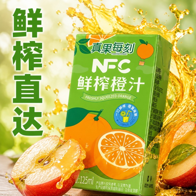 [主图-5] 果汁飞溅动态瞬间，突出鲜爽口感
[氛围风格] 动感十足，强烈食欲冲击
[画质] 商业摄影质感、光线柔和通透、产品清晰真实、画面干净高级
[元素] 苹果汁包装盒斜放画面中心，上方有动态飞溅预览效果