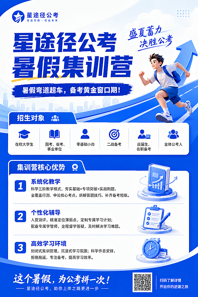 A4竖版公考培训机构课程传单，克莱因蓝色调搭配白色，简约年轻设计风格，清晰排版文字：星途径公考暑假集训营｜盛夏蓄力 决胜公考 暑假弯道超车，备考黄金窗口期！ 招生对象：在校大学生 国考、省考、事业单位、零基础小白、二战备考、应届生、在职备考全体公考人 。集训营核心优势 ：1. 系统化教学：科学三阶教学模式，夯实基础+专项突破+实战刷题，全覆盖行测、申论核心考点，拆解答题技巧，补齐备考短板。