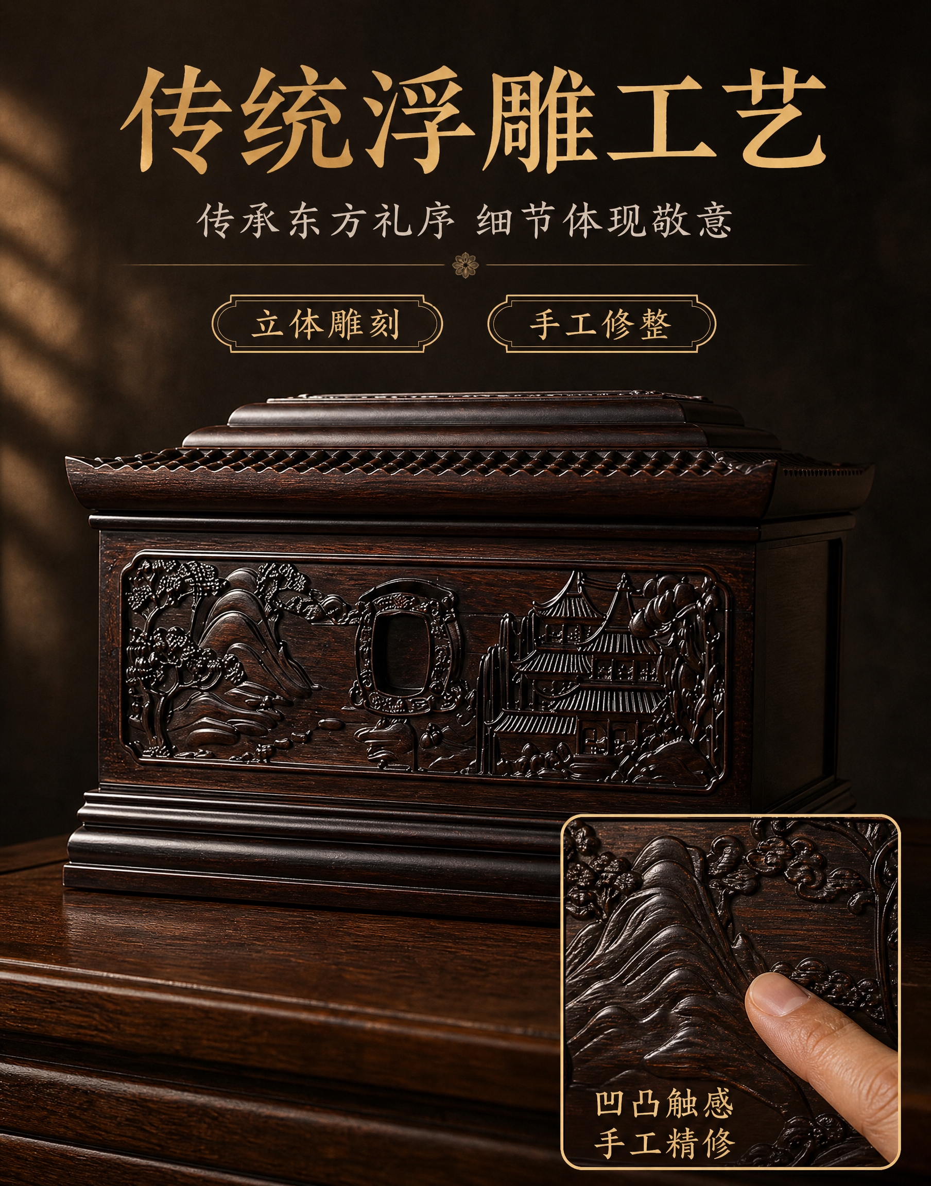 [主图-3 工艺卖点竖版] 传统浮雕雕刻工艺展示，突出雕刻细节… - 图片创意预览