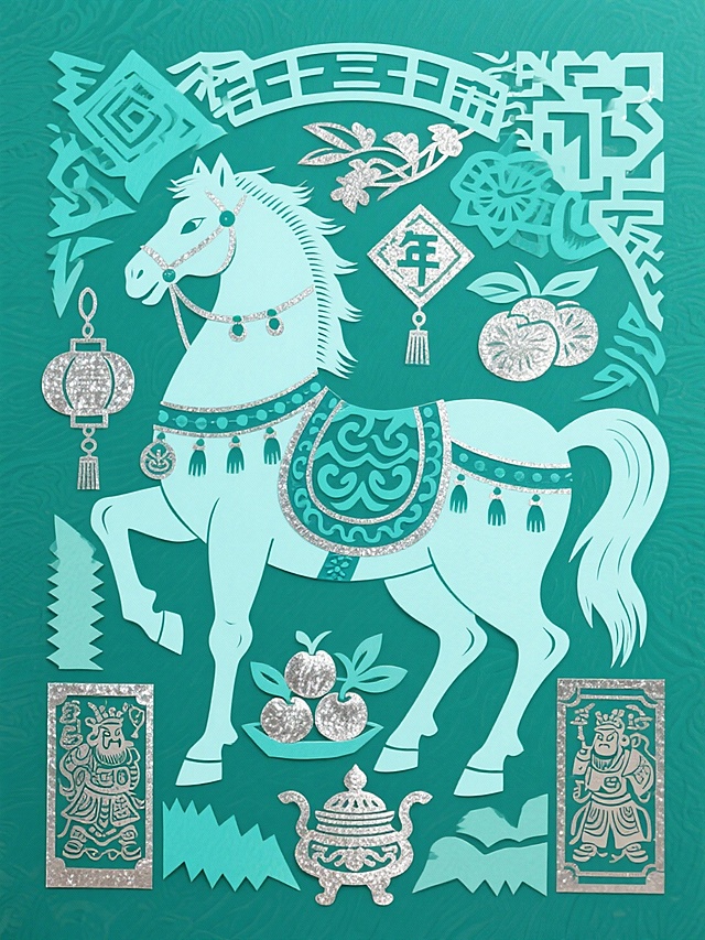 主体是浅青骏马（装饰青碧纹样、祈福带配饰，点缀银箔质感），周围环绕铜香炉、时令果品、门神年画、平安符等吉祥元素，背景为湖绿色纹理，配色浓烈鲜艳（浅青、青碧、湖绿、银等），风格喜庆华贵、充满初三安宅祈福的传统年俗寓意