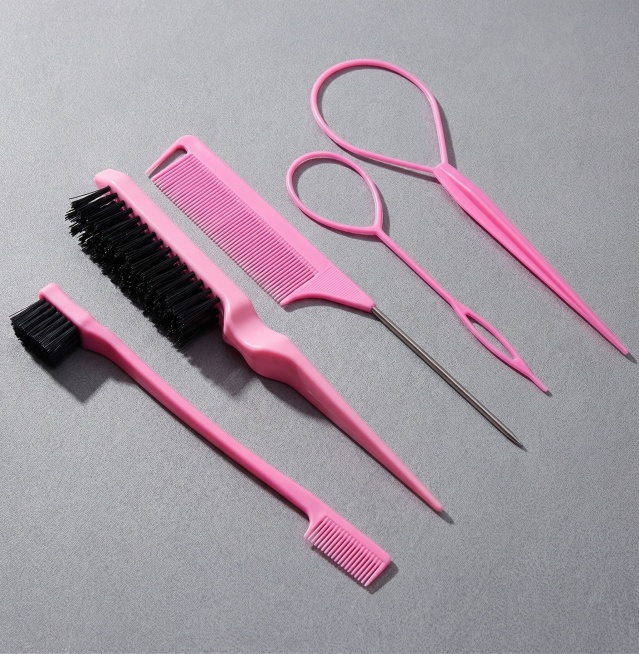 跨境Shein平台商业产品细节展示，粉色全套美发工具平放铺开，特写展示每个工具的功能部位，保持所有产品主体物理结构不变，清晰展示每个工具的设计特点。场景为灰色纹理背景，45度斜拍，侧逆光突出产品轮廓，预览效果