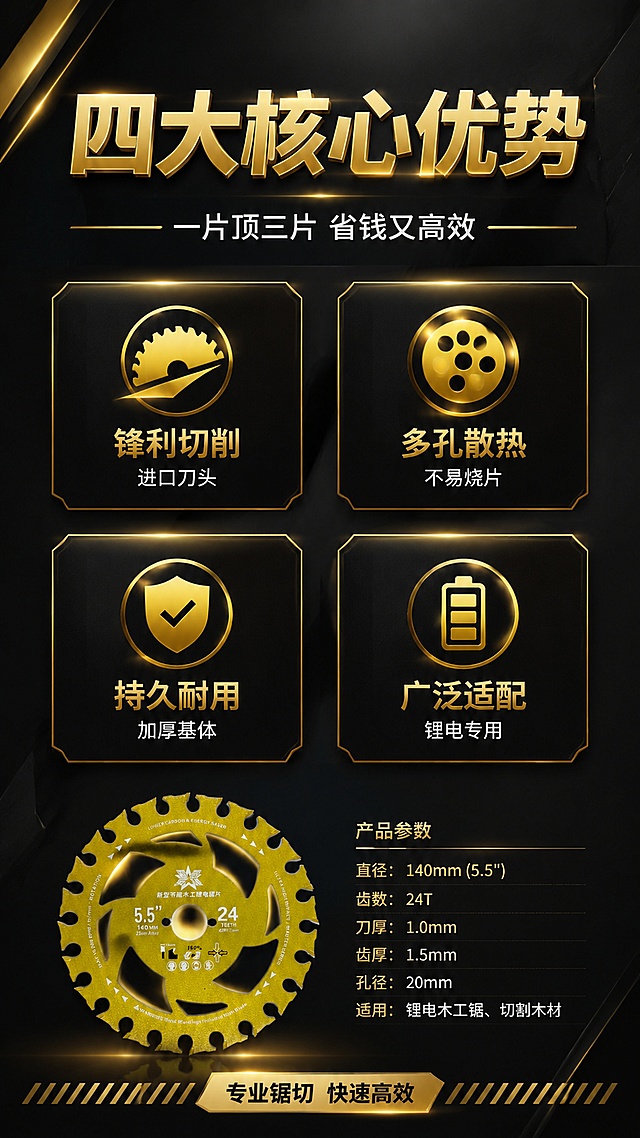 [第2屏] 核心卖点总览-木工锯片四大性能卖点icon卡片。本屏使用【图1】作为商品主体小图展示。
[氛围/风格] 黑金工业风，高对比信息卡排版，拼多多直白卖点风格。
[元素布局] 顶部为标题区，中部2×2四宫格卖点卡片，底部左侧放置缩小的锯片全貌图（占比约25%）；背景深灰黑色渐变，每张卖点卡有金色边框和icon图标；四宫格分别对应：锋利切削、多孔散热、持久耐用、广泛适配。
[光影质感] 均匀柔光照明，卡片有轻微悬浮投影，整体清晰明亮，信息层级分明。
[配色色系] 全局底色 #121212 深灰黑；主色金色 #D4A017；辅助色白色正文、深灰卡片底。
[视角构图] 正面平视，垂直阅读动线：顶部标题 → 中部四宫格 → 底部产品小图。
[文字版式] 顶部主标题「四大核心优势」，副标题「一片顶三片 省钱又高效」；四宫格每格含金色icon+4字卖点标题+8字说明：「锋利切削 进口刀头」「多孔散热 不易烧片」「持久耐用 加厚基体」「广泛适配 锂电专用」；底部产品旁标注型号参数。
[比例分辨率] 9:16 竖版比例，4K分辨率，文字清晰可辨，高清画质。
[负向提示词] 产品变形，文字过小，icon模糊，卡片排版错乱，水印，颜色偏差。