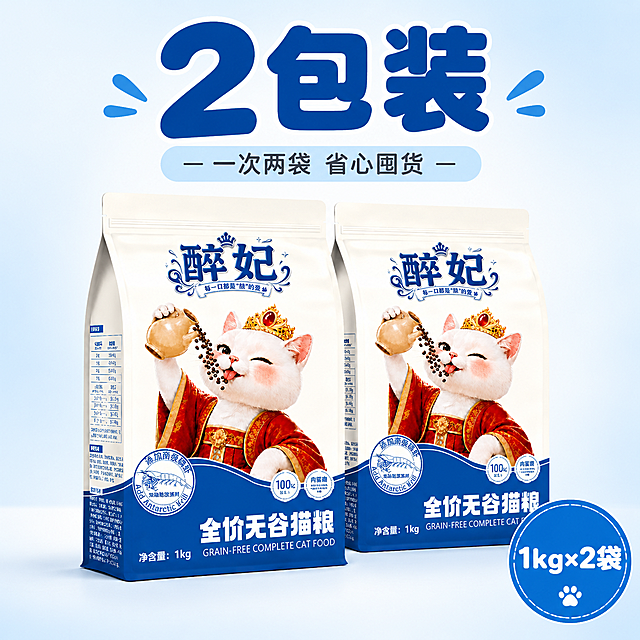 [主图-2] 2包装展示图 展示两袋猫粮组合装
[统一基调] 拼多多风格 大字直白 性价比感 蓝白主色家族 圆润可爱字体 圆角卡片组件 线性图标 整体干净明亮 宠物食品商业摄影质感
[画面] 画面中心展示2袋醉妃全价无谷猫粮 两袋并排摆放 左侧一袋稍靠前 右侧一袋稍靠后形成层次感 两袋产品均正面展示 外观与输入图完全一致 产品整体占画面约60% 底部有柔和的接触阴影 画面顶部有大标题"2包装" 字号大且醒目 颜色为深蓝色 标题下方有小字辅助说明"一次两袋 省心囤货" 画面右下角可加一个圆形小标签 写"1kg×2袋" 背景为浅渐变蓝白色 干净清爽
[光影质感] 商业摄影质感 主光从前方偏上打来 产品正面受光均匀 两袋产品之间有自然投影 底部接触阴影柔和 包装材质质感清晰 蓝白配色通透有层次
[配色] 主背景为浅蓝白渐变 主色为深蓝色 辅助色为浅蓝色 强调色为金色 标题字色为深蓝色 辅助文字为深灰色 标签底色为蓝色 文字为白色
[文字版式] 顶部大标题"2包装" 字号最大 加粗圆润字体 居中或偏左放置 辅助说明文字在大标题下方 字号缩小50%以上 右下角圆形标签内文字居中 所有文字横排 文字不遮挡产品主体关键信息
[输出要求] 1:1正方形 文字清晰可读 产品清晰不变形 两袋产品外观一致 禁止出现功效类表述 禁止健康字眼 禁止最 顶级 国家 平台名称 爆款 首选 第一等违禁词 禁止出现拼多多淘宝天猫等平台名称 禁止杜撰不实产品信息 禁止出现参考图之外的包装图 负向 变形 错字 模糊 杂乱 水印 平台Logo 悬浮 穿模 产品数量错误