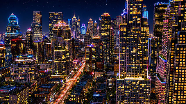 将这张白天的城市俯瞰图转换为城市夜景，灯火阑珊的效果。天空变为深蓝色的夜晚天空，有星星点缀，所有高楼大厦的窗户都亮起暖黄色的灯光，街道上有车流的灯光轨迹，建筑外立面有霓虹灯光和城市照明，整体呈现繁华都市的夜晚景象，灯火通明，光影效果真实自然，保持城市建筑的布局和结构不变，夜景氛围浓厚，灯火阑珊，真实感强