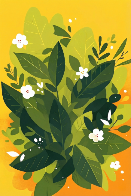扁平插画风格，茂密的柠檬叶灌木丛，整体采用明亮的黄色渐变背景，搭配深浅不同的绿色叶片，保留参考图的平涂肌理、简约色块设计和清新配色，治愈清新的夏日氛围，点缀少量白色小花预览效果