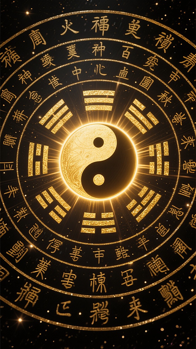神秘深邃的黑色背景，中央是散发着强烈金色光芒的八卦太极图，太极阴阳鱼居于核心，光芒向外层层辐射。围绕太极图是多层同心圆结构的金色古老符文与文字，每层文字排列整齐，字体为古朴的篆书风格，线条流畅有力。整体画面呈现出浓厚的东方神秘主义氛围，金色光芒与黑色背景形成强烈对比，光影效果突出，带有3D立体质感，仿佛悬浮于深邃宇宙空间，周围点缀着少量微弱的星光，增强神秘与神圣感。