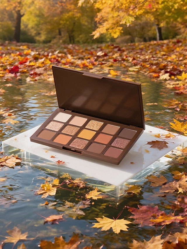 主体放置在透光湖水中的白色展台上，周围散落大量枫叶，自然光线