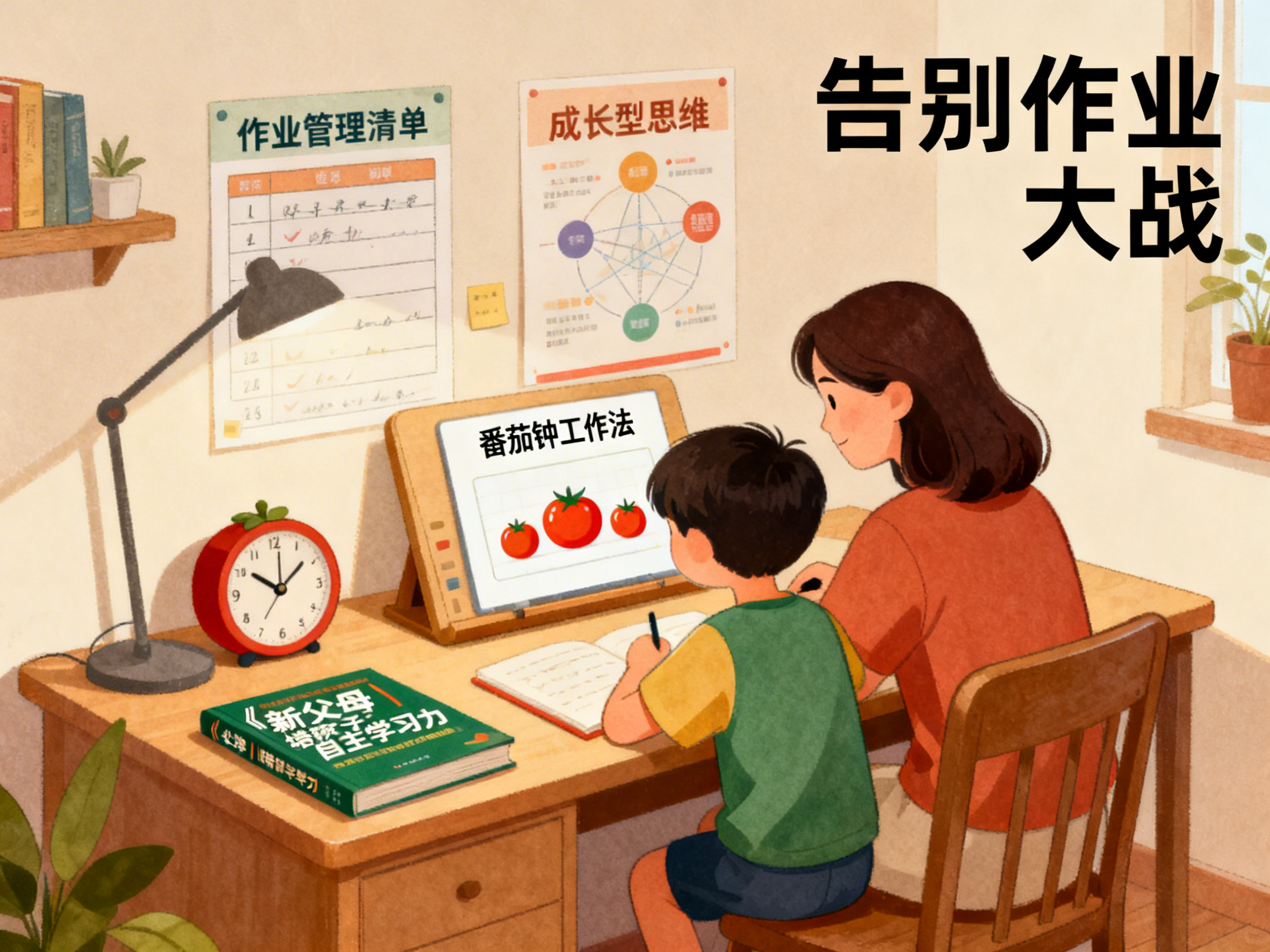 温暖插画风格，4:3比例，温馨家庭学习场景，母亲和孩子坐在书桌… - 图片创意预览